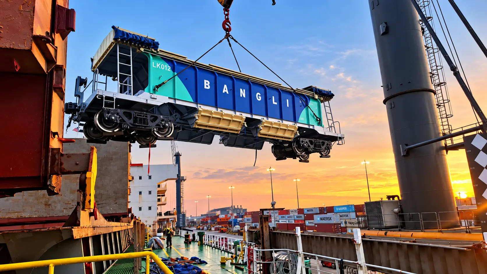 Rail wagon lifted from a vessel at port during a sunset cargo operation
